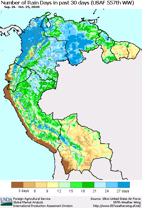 Northern South America Number of Rain Days in past 30 days (USAF 557th WW) 10/25/2020 Thematic Map For 10/19/2020 - 10/25/2020