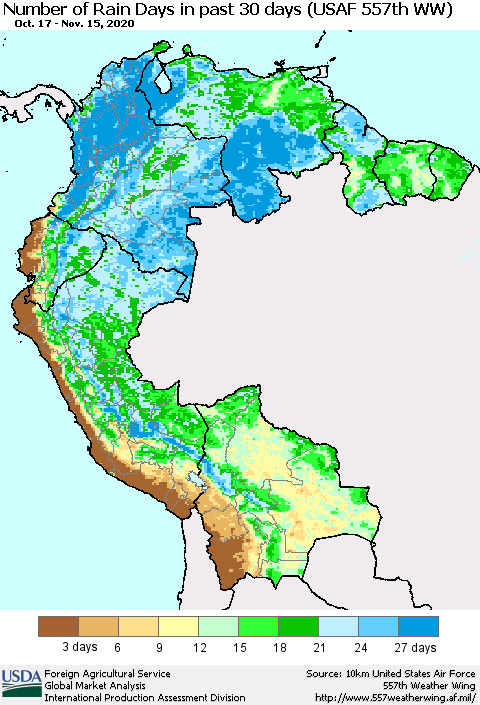 Northern South America Number of Rain Days in past 30 days (USAF 557th WW) 11/15/2020 Thematic Map For 11/9/2020 - 11/15/2020