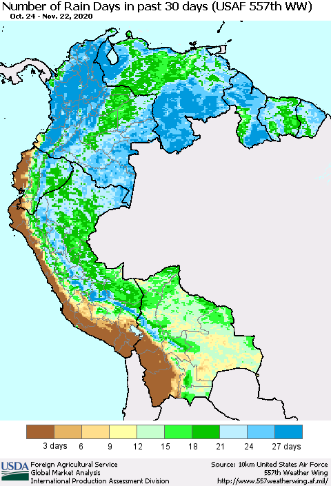 Northern South America Number of Rain Days in past 30 days (USAF 557th WW) 11/22/2020 Thematic Map For 11/16/2020 - 11/22/2020