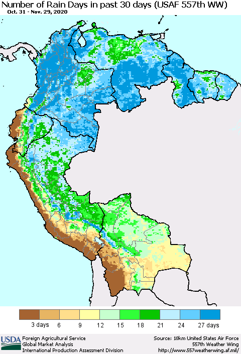 Northern South America Number of Rain Days in past 30 days (USAF 557th WW) 11/29/2020 Thematic Map For 11/23/2020 - 11/29/2020