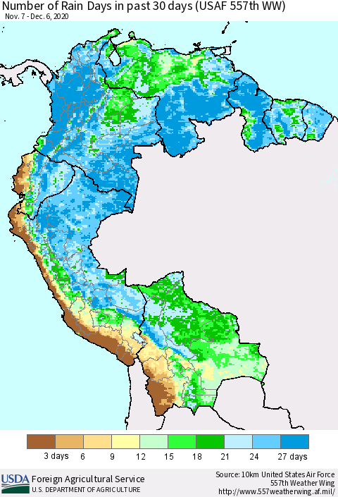 Northern South America Number of Rain Days in past 30 days (USAF 557th WW) 12/06/2020 Thematic Map For 11/30/2020 - 12/6/2020
