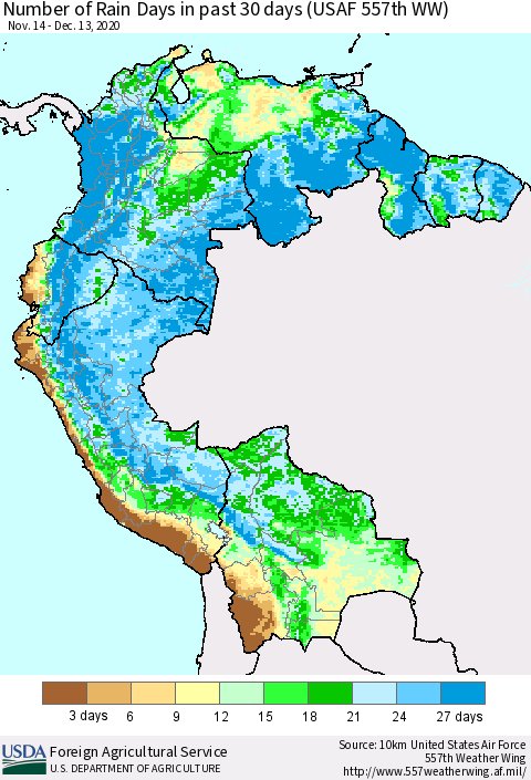 Northern South America Number of Rain Days in past 30 days (USAF 557th WW) 12/13/2020 Thematic Map For 12/7/2020 - 12/13/2020