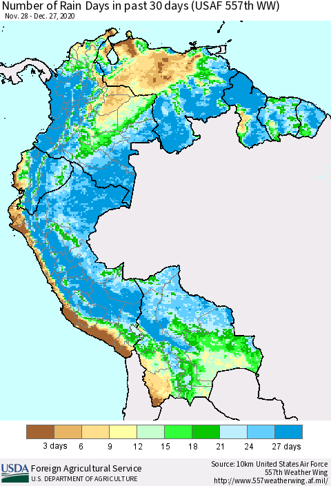 Northern South America Number of Rain Days in past 30 days (USAF 557th WW) 12/27/2020 Thematic Map For 12/21/2020 - 12/27/2020