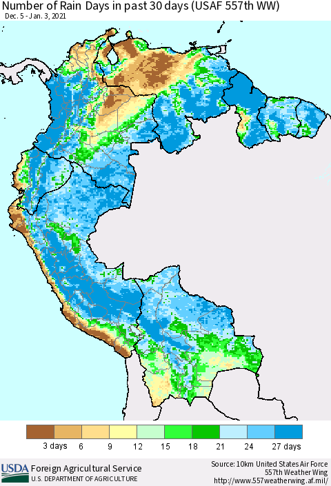 Northern South America Number of Rain Days in past 30 days (USAF 557th WW) 01/03/2021 Thematic Map For 12/28/2020 - 1/3/2021