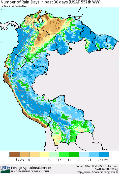 Northern South America Number of Rain Days in past 30 days (USAF 557th WW) 01/10/2021 Thematic Map For 1/4/2021 - 1/10/2021