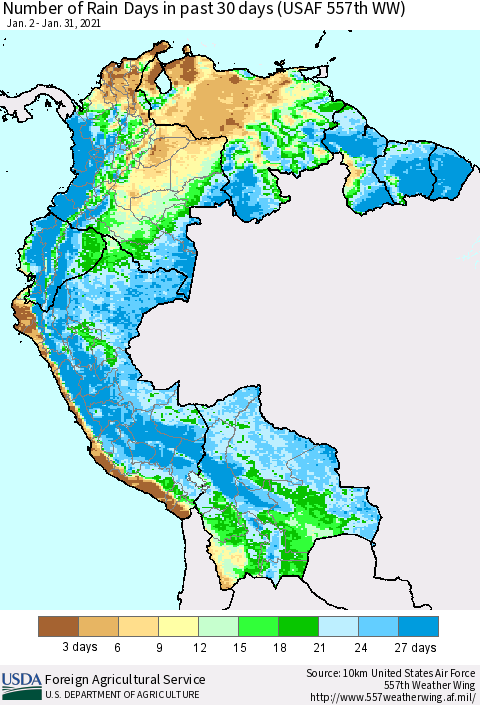 Northern South America Number of Rain Days in past 30 days (USAF 557th WW) 01/31/2021 Thematic Map For 1/25/2021 - 1/31/2021