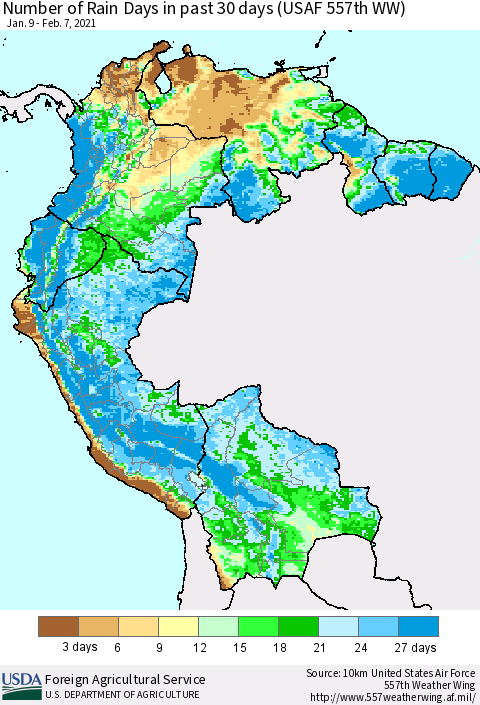 Northern South America Number of Rain Days in past 30 days (USAF 557th WW) 02/07/2021 Thematic Map For 2/1/2021 - 2/7/2021