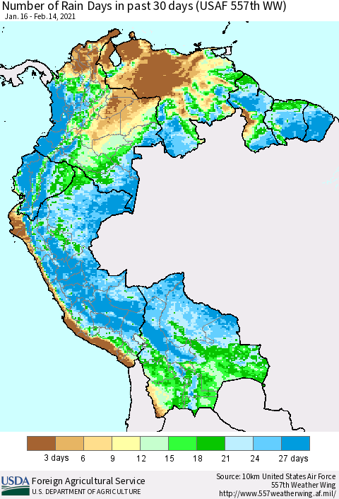 Northern South America Number of Rain Days in past 30 days (USAF 557th WW) 02/14/2021 Thematic Map For 2/8/2021 - 2/14/2021