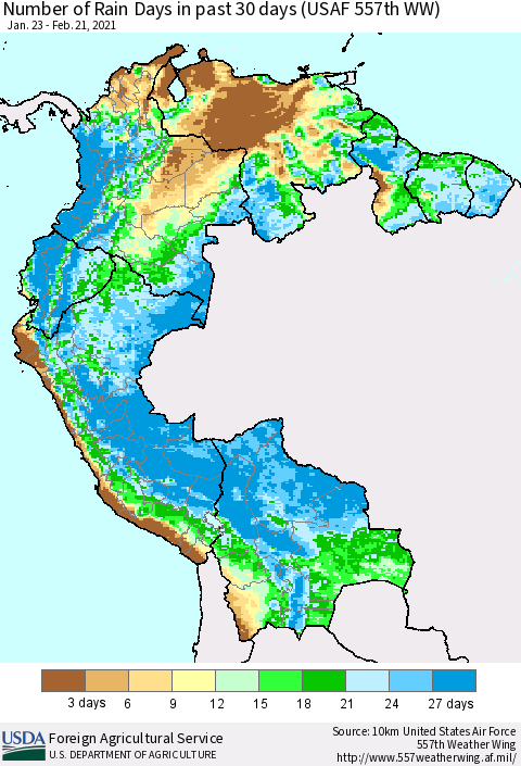 Northern South America Number of Rain Days in past 30 days (USAF 557th WW) 02/21/2021 Thematic Map For 2/15/2021 - 2/21/2021