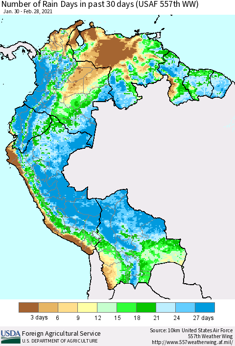 Northern South America Number of Rain Days in past 30 days (USAF 557th WW) 02/28/2021 Thematic Map For 2/22/2021 - 2/28/2021