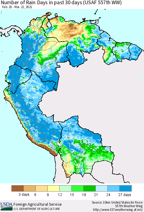 Northern South America Number of Rain Days in past 30 days (USAF 557th WW) 03/21/2021 Thematic Map For 3/15/2021 - 3/21/2021