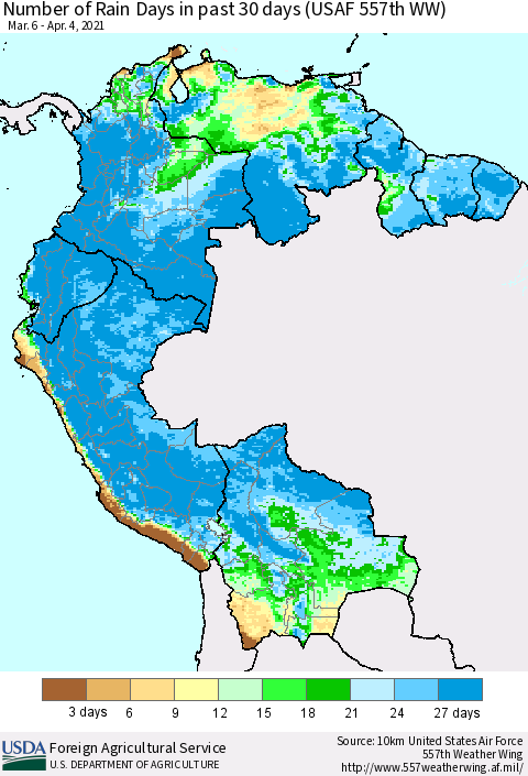 Northern South America Number of Rain Days in past 30 days (USAF 557th WW) 04/04/2021 Thematic Map For 3/29/2021 - 4/4/2021