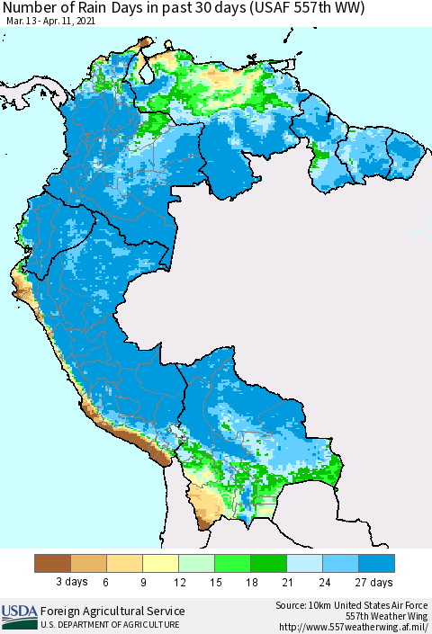 Northern South America Number of Rain Days in past 30 days (USAF 557th WW) 04/11/2021 Thematic Map For 4/5/2021 - 4/11/2021