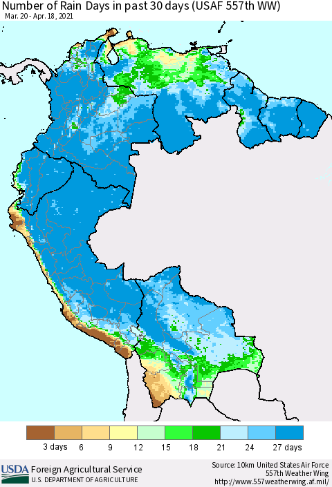 Northern South America Number of Rain Days in past 30 days (USAF 557th WW) 04/18/2021 Thematic Map For 4/12/2021 - 4/18/2021