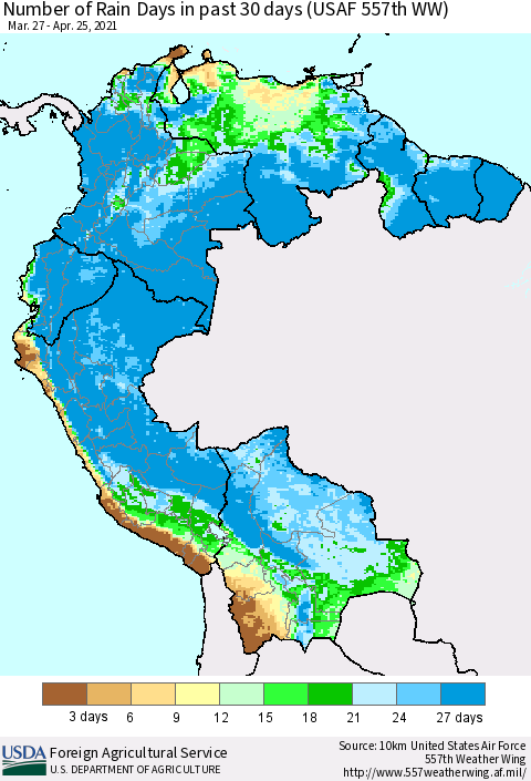 Northern South America Number of Rain Days in past 30 days (USAF 557th WW) 04/25/2021 Thematic Map For 4/19/2021 - 4/25/2021