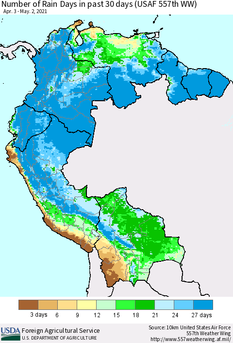 Northern South America Number of Rain Days in past 30 days (USAF 557th WW) 05/02/2021 Thematic Map For 4/26/2021 - 5/2/2021