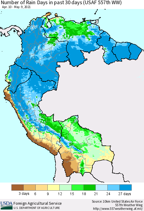 Northern South America Number of Rain Days in past 30 days (USAF 557th WW) 05/09/2021 Thematic Map For 5/3/2021 - 5/9/2021