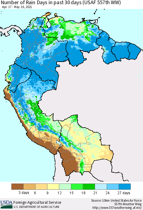 Northern South America Number of Rain Days in past 30 days (USAF 557th WW) 05/16/2021 Thematic Map For 5/10/2021 - 5/16/2021