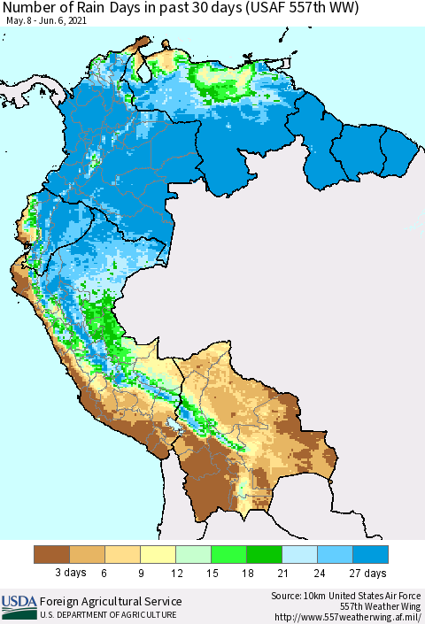 Northern South America Number of Rain Days in past 30 days (USAF 557th WW) 06/06/2021 Thematic Map For 5/31/2021 - 6/6/2021