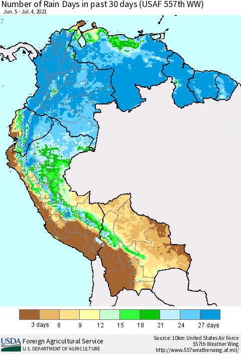 Northern South America Number of Rain Days in past 30 days (USAF 557th WW) 07/04/2021 Thematic Map For 6/28/2021 - 7/4/2021