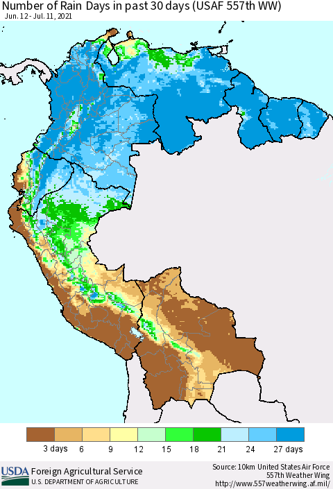 Northern South America Number of Rain Days in past 30 days (USAF 557th WW) 07/11/2021 Thematic Map For 7/5/2021 - 7/11/2021