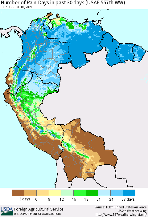 Northern South America Number of Rain Days in past 30 days (USAF 557th WW) 07/18/2021 Thematic Map For 7/12/2021 - 7/18/2021