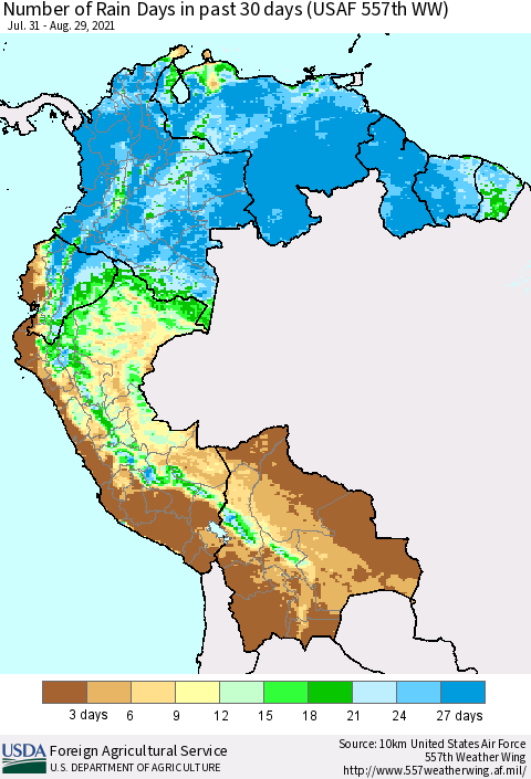 Northern South America Number of Rain Days in past 30 days (USAF 557th WW) 08/29/2021 Thematic Map For 8/23/2021 - 8/29/2021