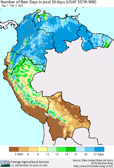 Northern South America Number of Rain Days in past 30 days (USAF 557th WW) 09/05/2021 Thematic Map For 8/30/2021 - 9/5/2021