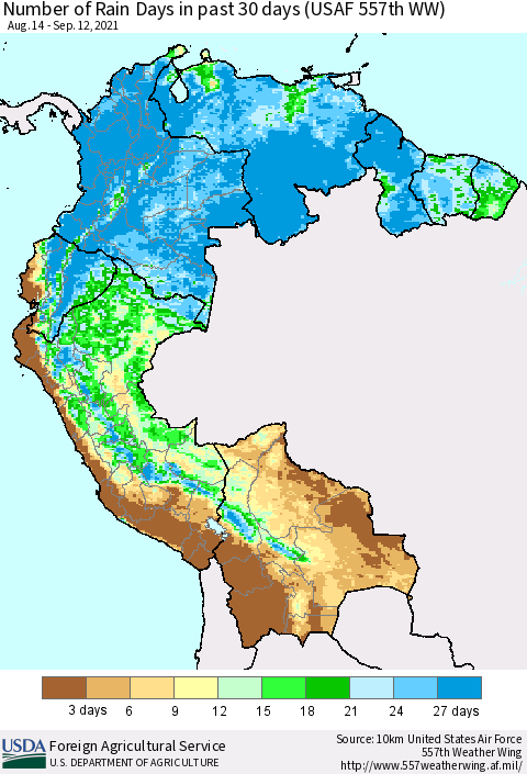 Northern South America Number of Rain Days in past 30 days (USAF 557th WW) 09/12/2021 Thematic Map For 9/6/2021 - 9/12/2021