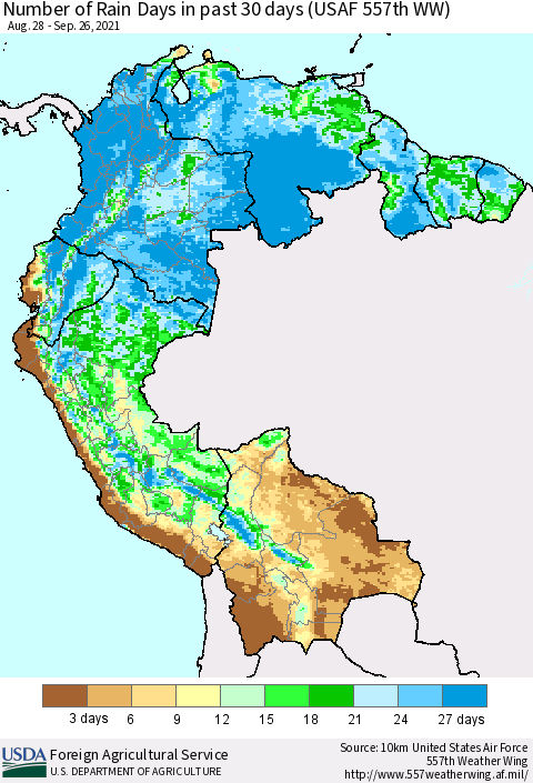 Northern South America Number of Rain Days in past 30 days (USAF 557th WW) 09/26/2021 Thematic Map For 9/20/2021 - 9/26/2021