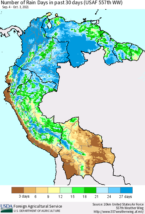 Northern South America Number of Rain Days in past 30 days (USAF 557th WW) 10/03/2021 Thematic Map For 9/27/2021 - 10/3/2021