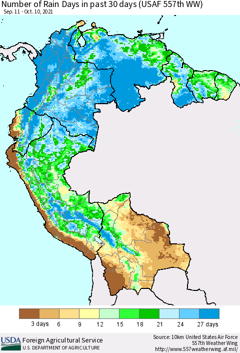 Northern South America Number of Rain Days in past 30 days (USAF 557th WW) 10/10/2021 Thematic Map For 10/4/2021 - 10/10/2021