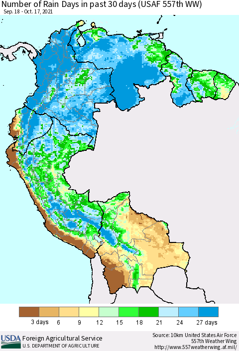 Northern South America Number of Rain Days in past 30 days (USAF 557th WW) 10/17/2021 Thematic Map For 10/11/2021 - 10/17/2021
