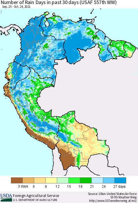 Northern South America Number of Rain Days in past 30 days (USAF 557th WW) 10/24/2021 Thematic Map For 10/18/2021 - 10/24/2021
