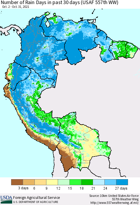 Northern South America Number of Rain Days in past 30 days (USAF 557th WW) 10/31/2021 Thematic Map For 10/25/2021 - 10/31/2021