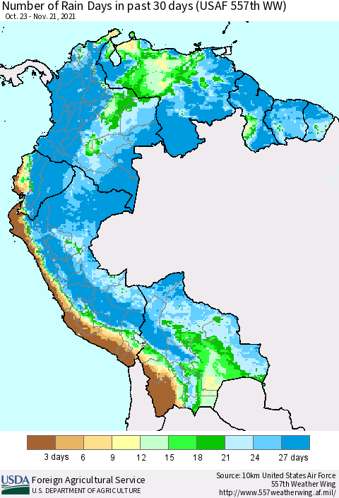 Northern South America Number of Rain Days in past 30 days (USAF 557th WW) 11/21/2021 Thematic Map For 11/15/2021 - 11/21/2021
