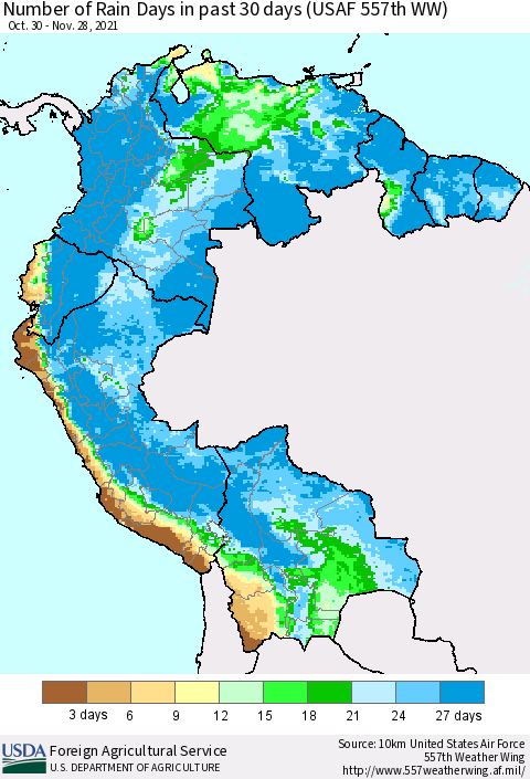Northern South America Number of Rain Days in past 30 days (USAF 557th WW) 11/28/2021 Thematic Map For 11/22/2021 - 11/28/2021