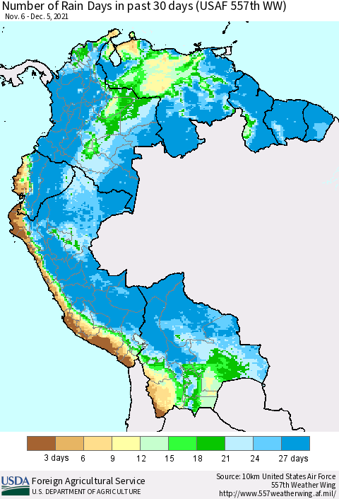 Northern South America Number of Rain Days in past 30 days (USAF 557th WW) 12/05/2021 Thematic Map For 11/29/2021 - 12/5/2021
