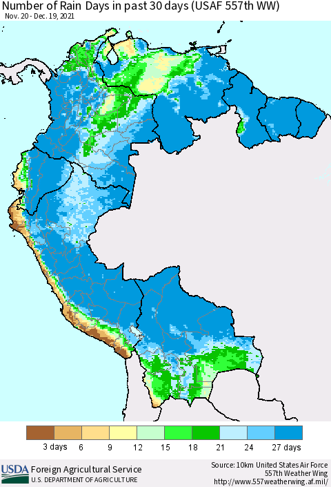 Northern South America Number of Rain Days in past 30 days (USAF 557th WW) 12/19/2021 Thematic Map For 12/13/2021 - 12/19/2021