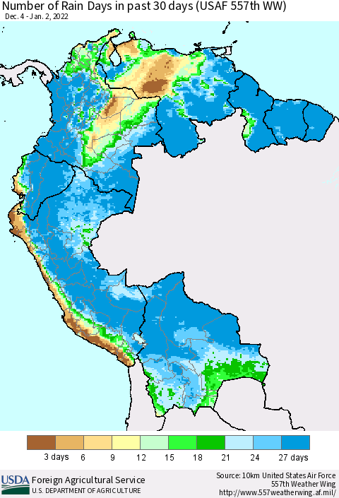Northern South America Number of Rain Days in past 30 days (USAF 557th WW) 01/02/2022 Thematic Map For 12/27/2021 - 1/2/2022