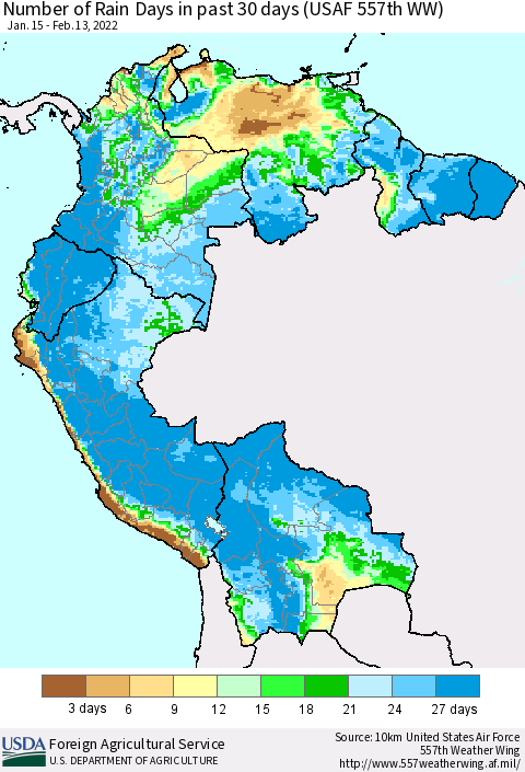 Northern South America Number of Rain Days in past 30 days (USAF 557th WW) 02/13/2022 Thematic Map For 2/7/2022 - 2/13/2022