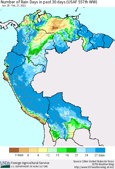 Northern South America Number of Rain Days in past 30 days (USAF 557th WW) 02/27/2022 Thematic Map For 2/21/2022 - 2/27/2022