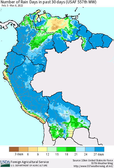 Northern South America Number of Rain Days in past 30 days (USAF 557th WW) 03/06/2022 Thematic Map For 2/28/2022 - 3/6/2022