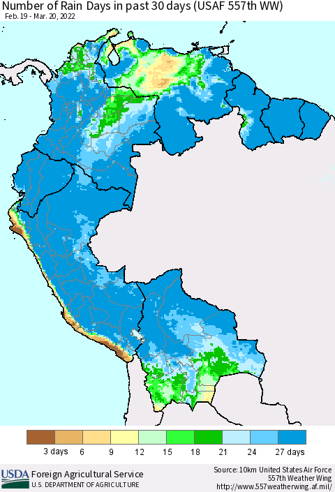 Northern South America Number of Rain Days in past 30 days (USAF 557th WW) 03/20/2022 Thematic Map For 3/14/2022 - 3/20/2022