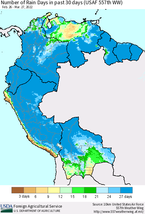 Northern South America Number of Rain Days in past 30 days (USAF 557th WW) 03/27/2022 Thematic Map For 3/21/2022 - 3/27/2022