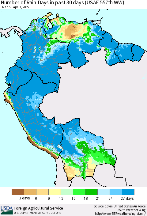 Northern South America Number of Rain Days in past 30 days (USAF 557th WW) 04/03/2022 Thematic Map For 3/28/2022 - 4/3/2022