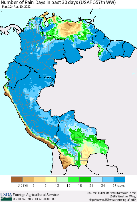 Northern South America Number of Rain Days in past 30 days (USAF 557th WW) 04/10/2022 Thematic Map For 4/4/2022 - 4/10/2022