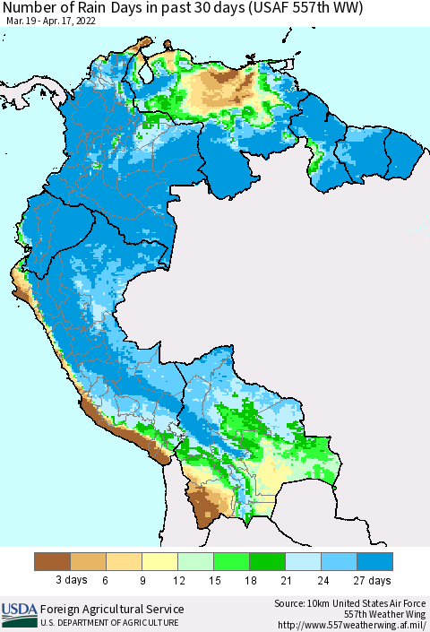 Northern South America Number of Rain Days in past 30 days (USAF 557th WW) 04/17/2022 Thematic Map For 4/11/2022 - 4/17/2022