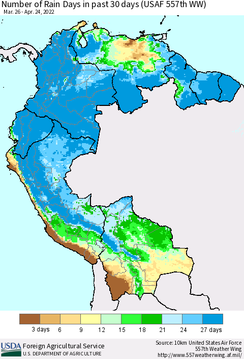 Northern South America Number of Rain Days in past 30 days (USAF 557th WW) 04/24/2022 Thematic Map For 4/18/2022 - 4/24/2022