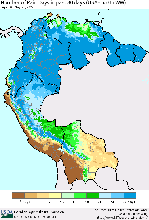 Northern South America Number of Rain Days in past 30 days (USAF 557th WW) 05/29/2022 Thematic Map For 5/23/2022 - 5/29/2022